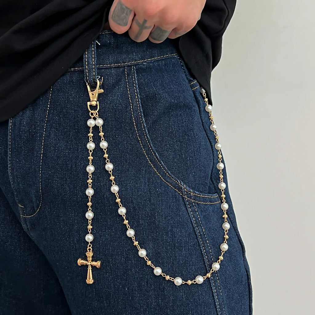 Ingemark Creative Cross Pendant Imitation Pearl Keychain Wallet Belt Chain