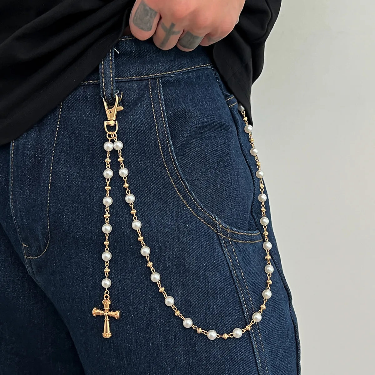Ingemark Creative Cross Pendant Imitation Pearl Keychain Wallet Belt Chain