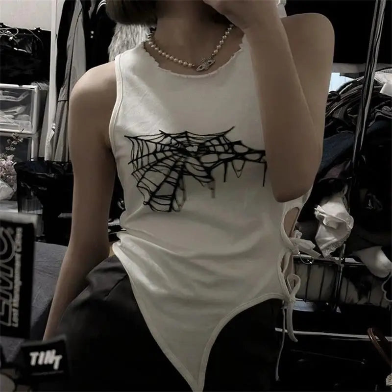 Summer Spider Web Print Tank Tops Y2k Streetwear Crop Top