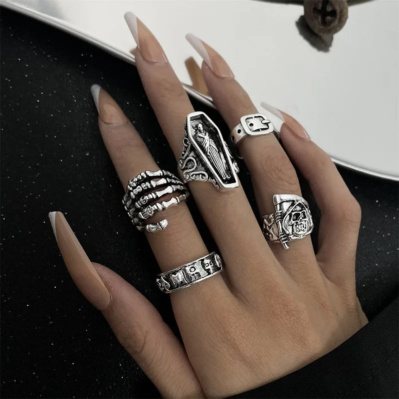 Punk Poker Joker Silver Color Rings for Men & Women Goth Skeleton Billiards Set