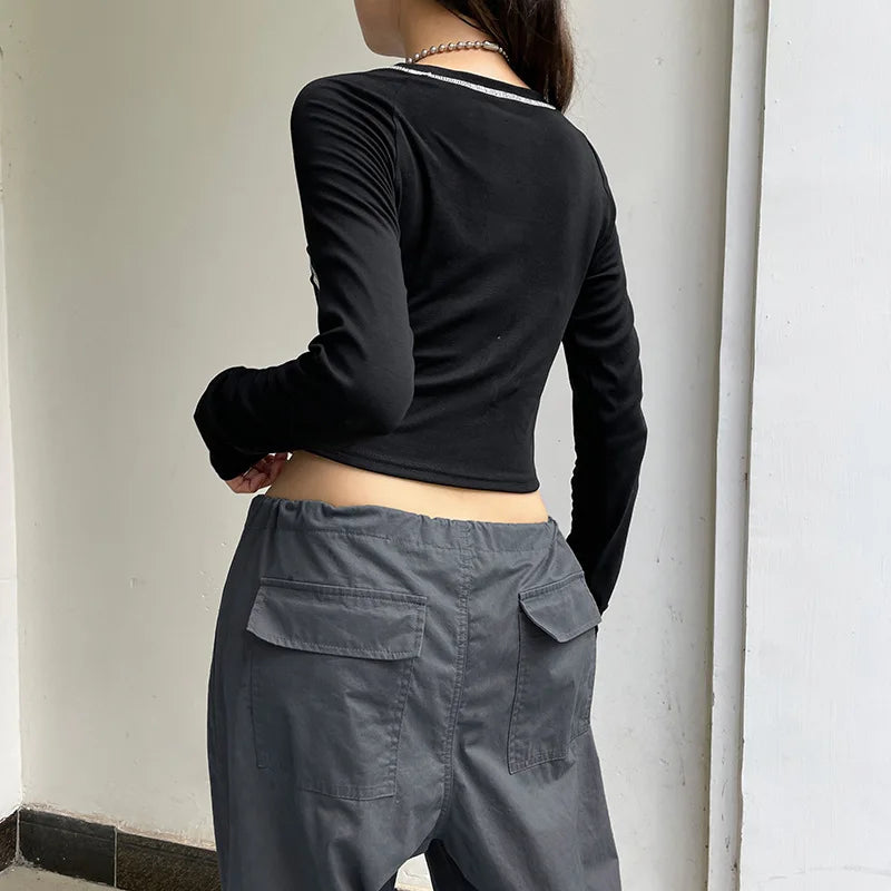 Spring New Women T-Shirt Long Sleeves O-Neck Streetwear Crop Top Streetwear