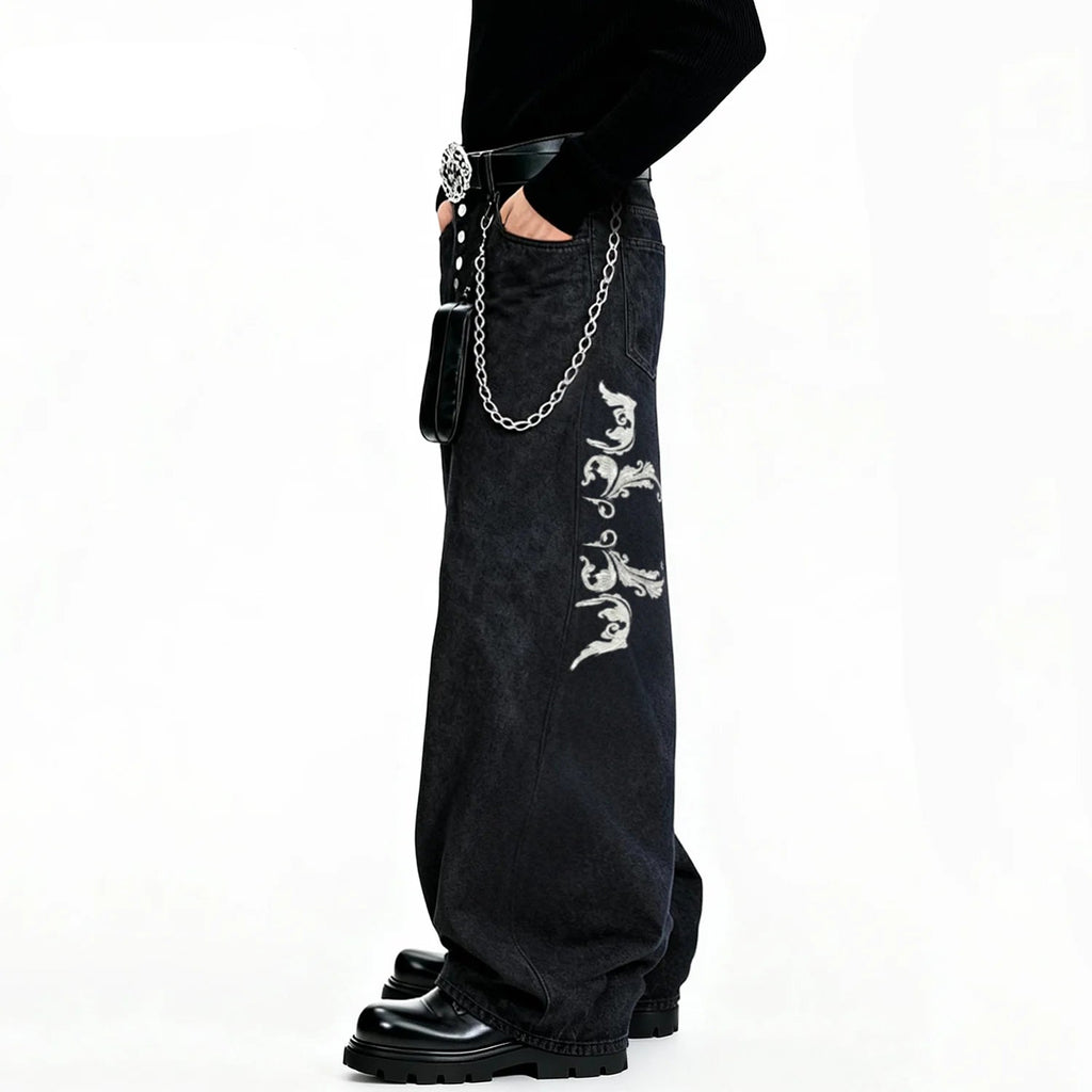 American Retro Street Baggy Wide Leg Jeans Angel Wings Embroidery Denim Pants