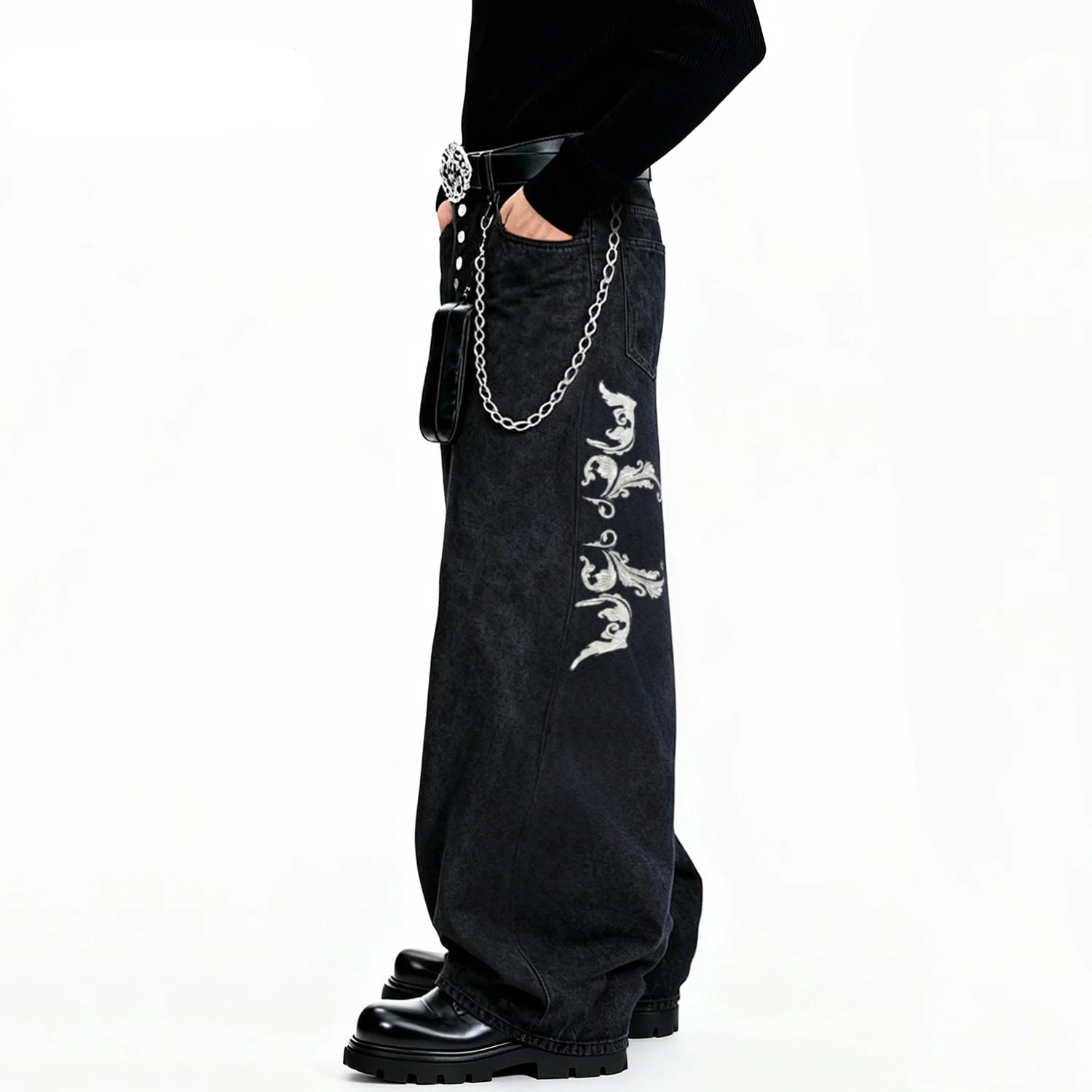 American Retro Street Men's Baggy Wide Leg Jeans Angel Wings Embroidery Loose Denim Pants