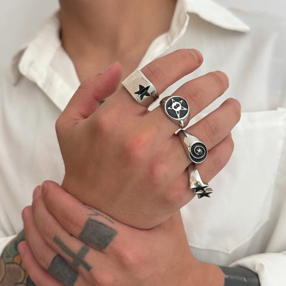 Set 4 Pieces Hip-hop Punk Geometric Oval Rectangular Five-pointed Star Opening Rings