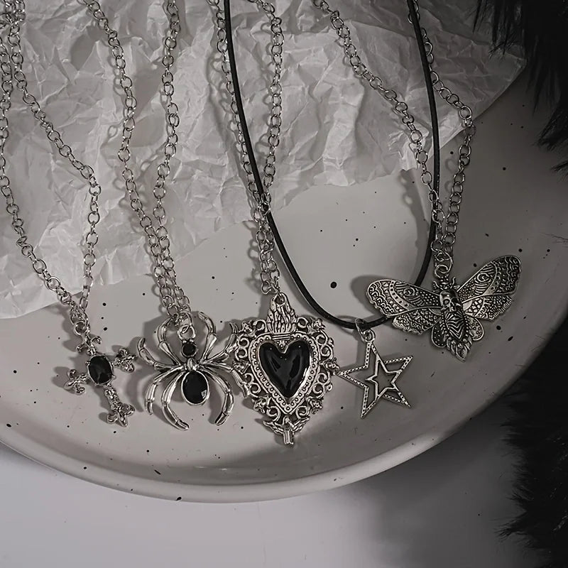 Gothic Set Vintage Punk Heart Snake Butterfly Charm Necklaces