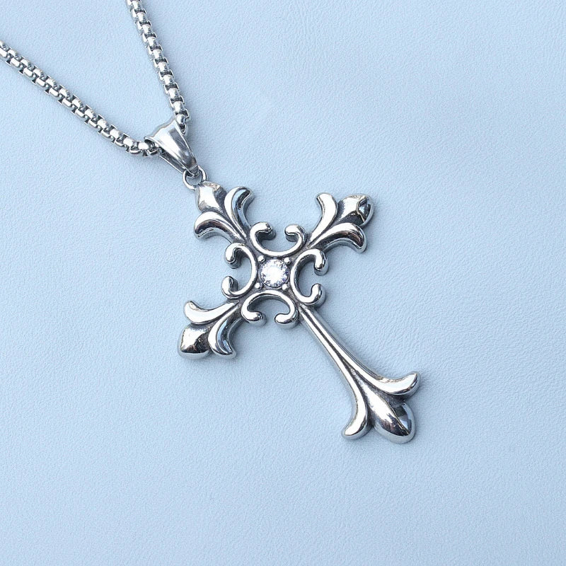 Gothic Vintage Silver Color Cross Pendant Hip-hop Trend  Necklace