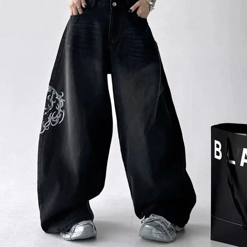 High Street Women Vintage Embroidery Y2K Baggy Jeans American Retro