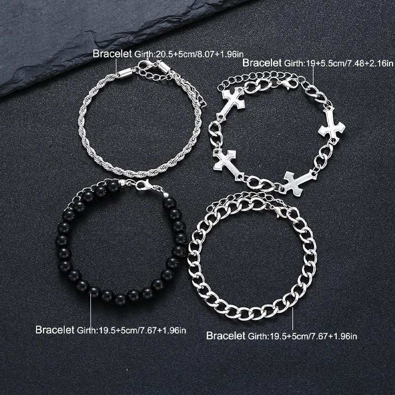 4 Pieces Stainless Steel Bracelet Set Punk Cross Beads Chain Bracelets