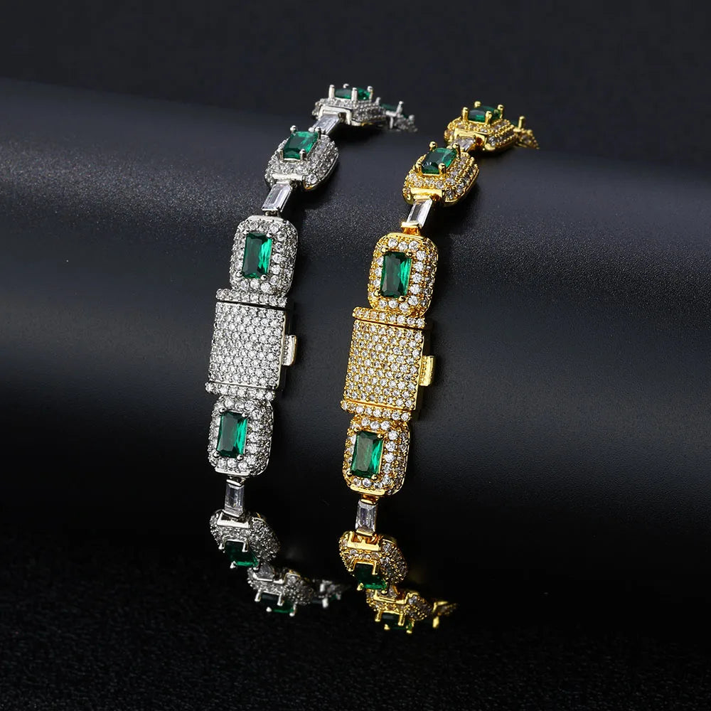 Iced Emerald Cushion Cut Diamond Bracelet White Gold Inlaid Green