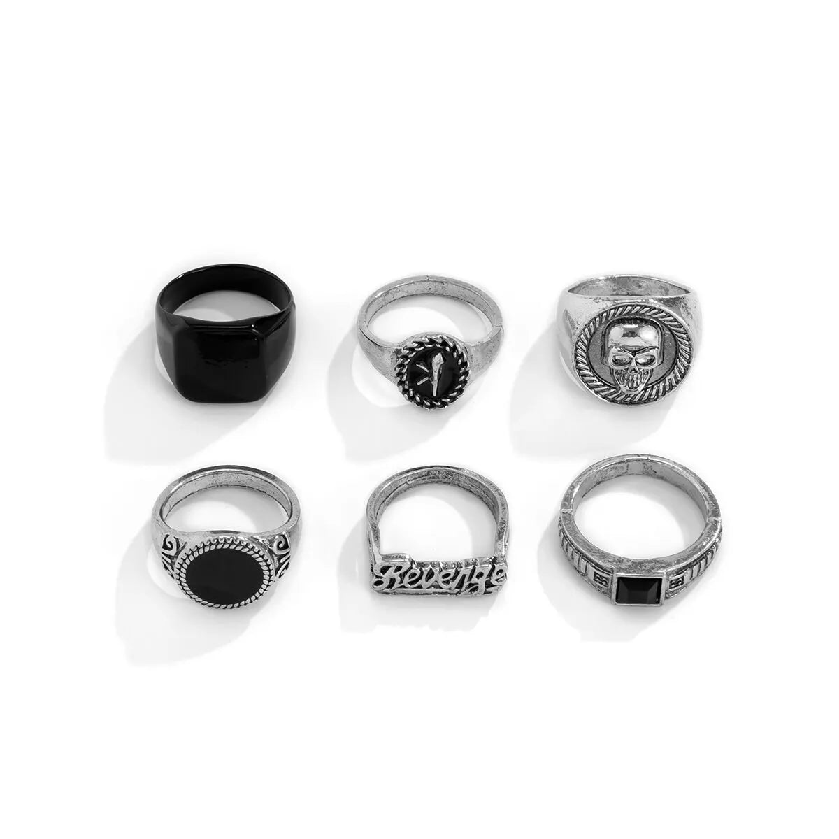Set 6 Pieces Goth Vintage Skeleton Skull Antique Silver Color Rings