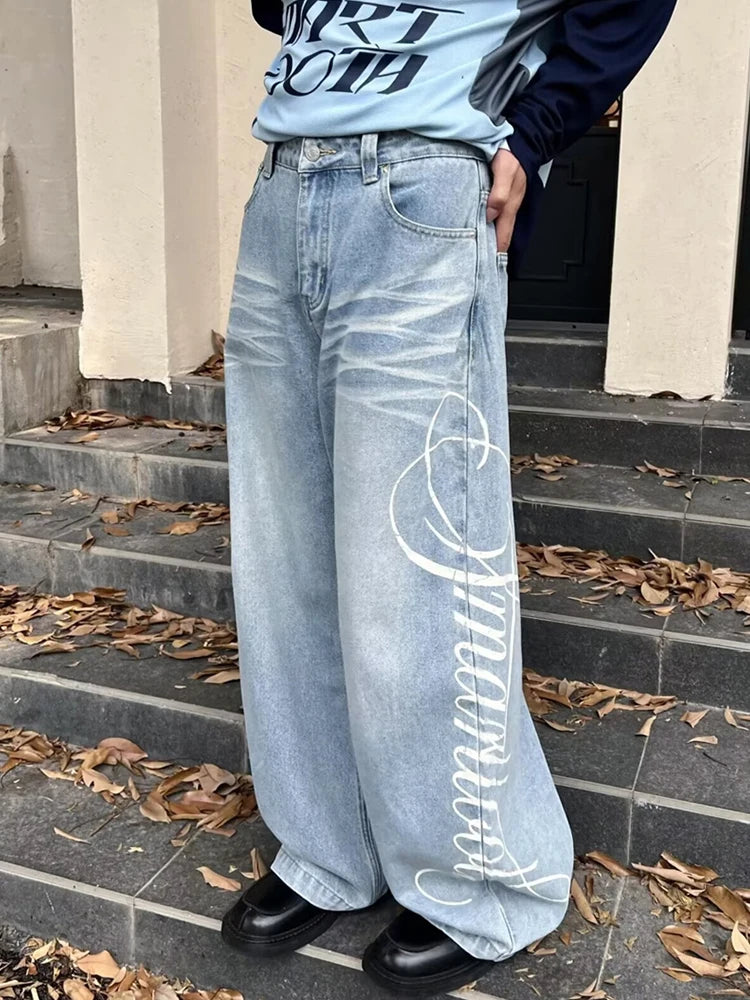 Letter Printed Straight-Leg Baggy Jeans Hip Hop American Retro Y2K Streetwear Jean