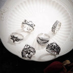Set 6 Pieces Halloween Gothic Metal Skull Head Five Point Star Adjustable Ring