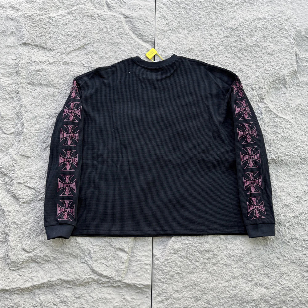 American Style Streetwear Quality Waffle Fabric Printed Tops Oversized Long Sleeves