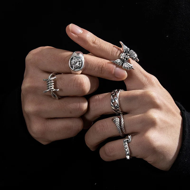Punk Poker Joker Silver Color Rings for Men & Women Goth Skeleton Billiards Set
