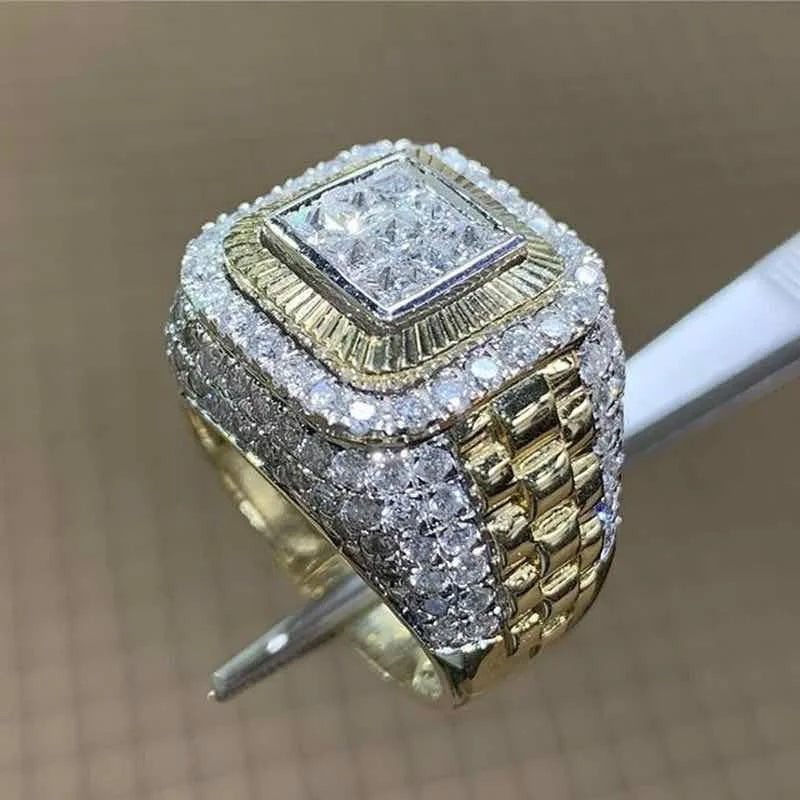 Domineering Gold Color Hip Hop Ring White Zircon Stones Punk