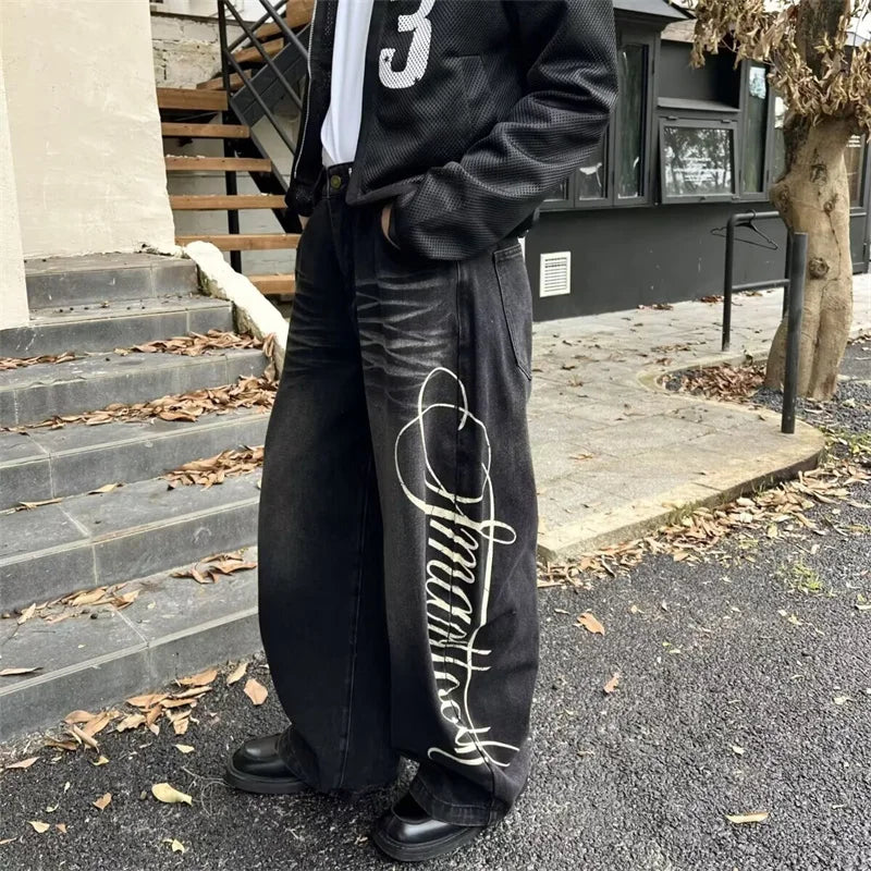 Letter Printed Straight-Leg Baggy Jeans Hip Hop American Retro Y2K Streetwear Jean