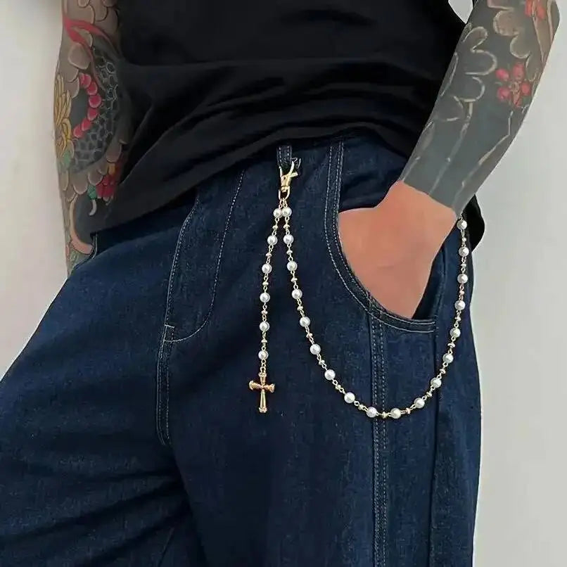 Ingemark Creative Cross Pendant Imitation Pearl Keychain Wallet Belt Chain