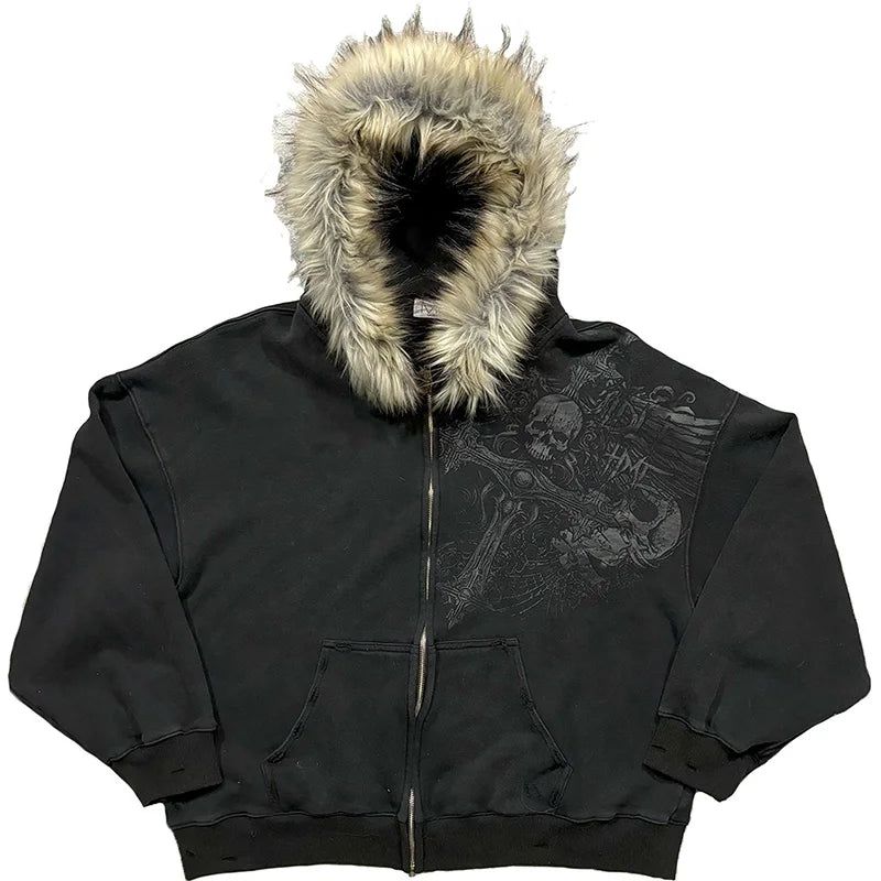 Y2K Aesthetic Harajuku Faux Fur Collar Hoodies Punk Gothic Zip Up Hoodies