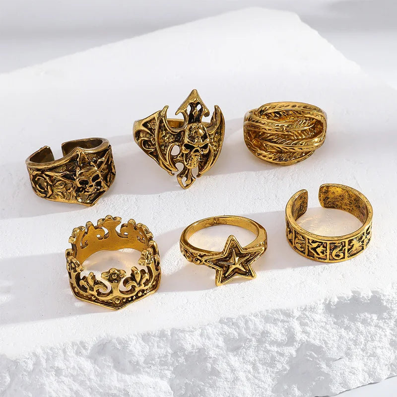 Set 6 Pieces Halloween Gothic Metal Skull Head Five Point Star Adjustable Ring