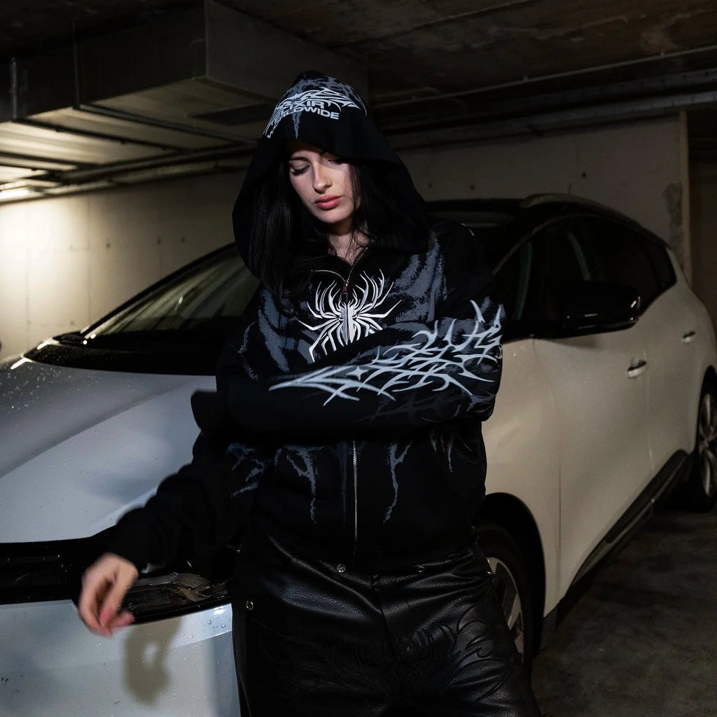 Y2K Cyber Opium Spider Graphic Black Zip-Up Hoodie