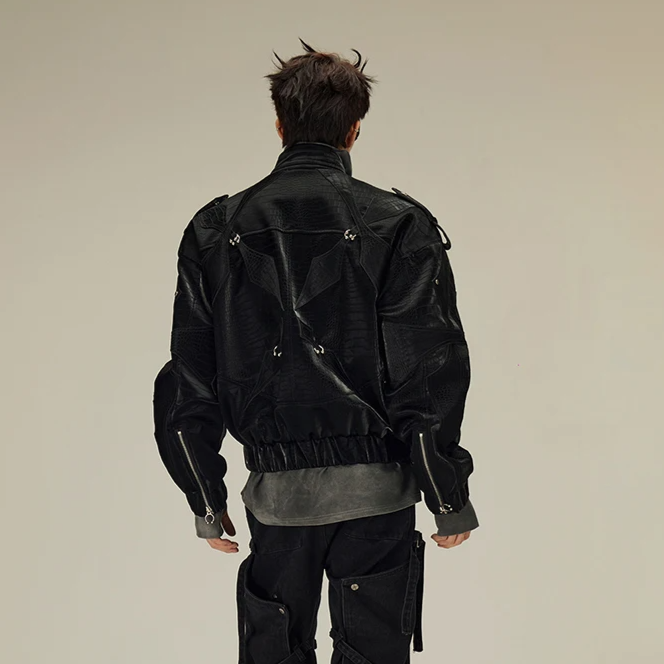 Cyberpunk Crocodile Print Pu Leather Jacket Y2K Streetwear Clothes