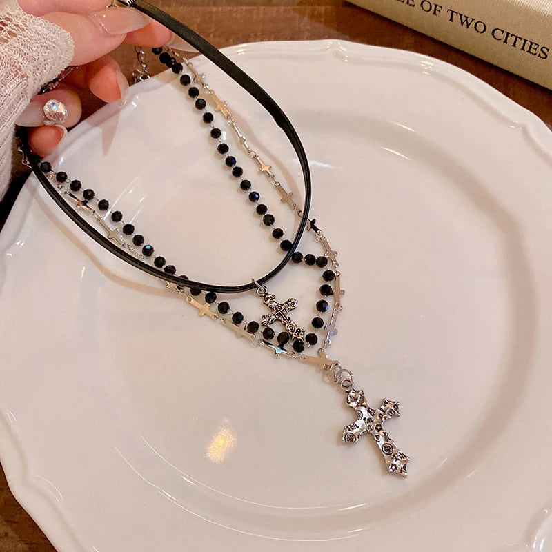 Gothic Punk Style Y2k Bead Cross Pendant Necklace Multi-layer Retro Trendy Accessory Jewelry