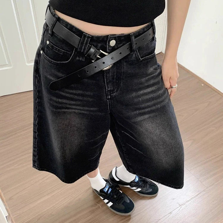 High Waist Black Retro Washed Denim Shorts Y2K Streetwear Mid Long Wide Leg Pants