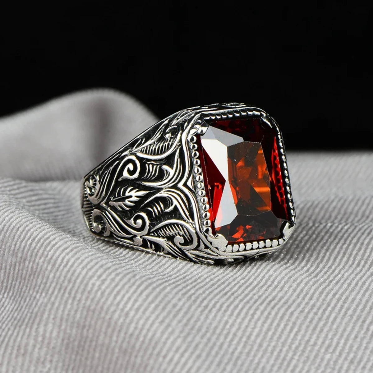 Vintage Turkish Signet RingAncient Silver Color Carved Ring Red Punk Motor Biker