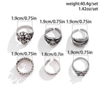Set 6 Pieces Halloween Gothic Metal Skull Head Five Point Star Adjustable Ring