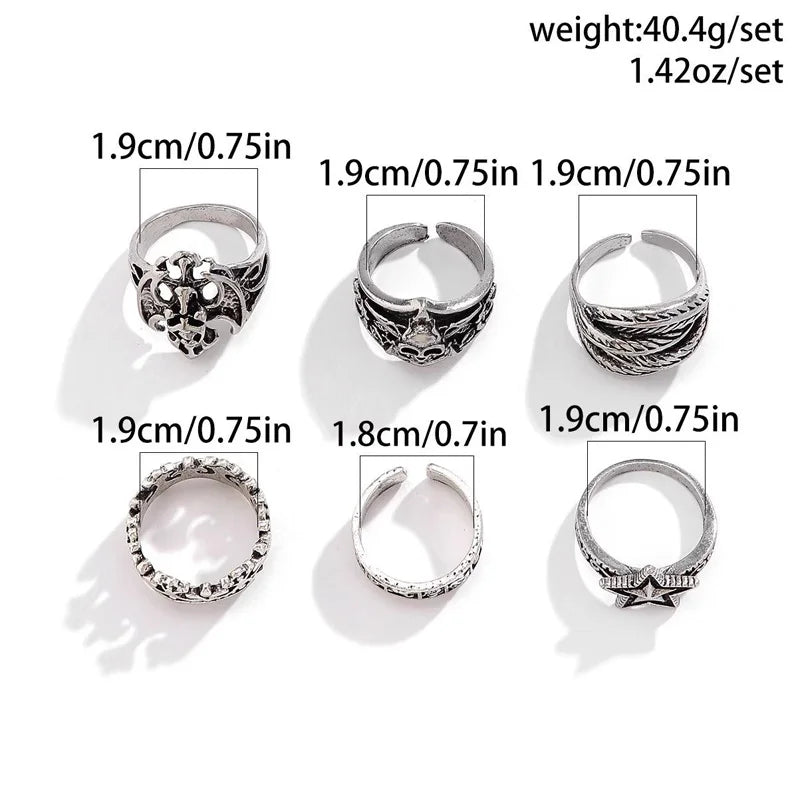 Set 6 Pieces Halloween Gothic Metal Skull Head Five Point Star Adjustable Ring