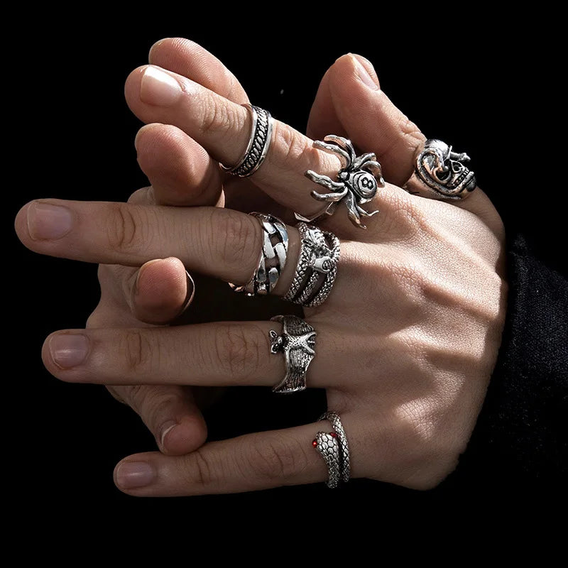 Punk Poker Joker Silver Color Rings for Men & Women Goth Skeleton Billiards Set