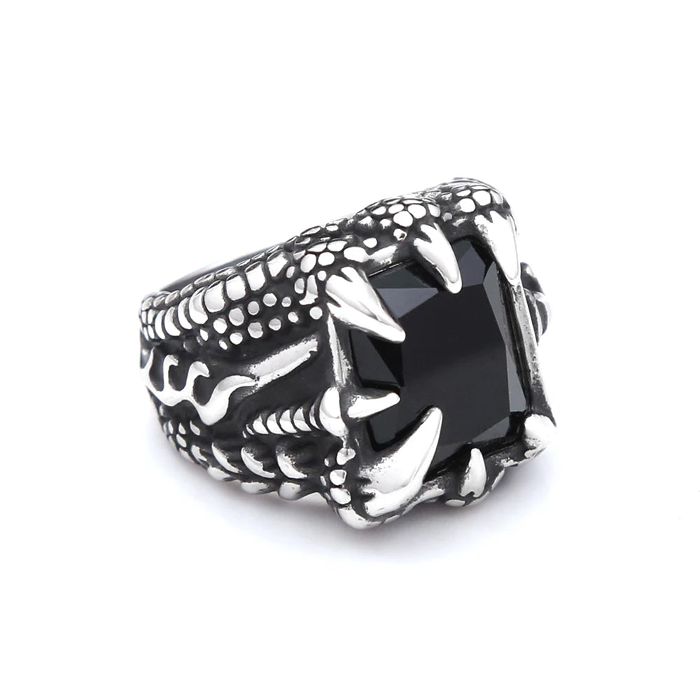Gothic Vintage Dragon Claw Punk Hip Hop Stainless Steel Black Stone Ring