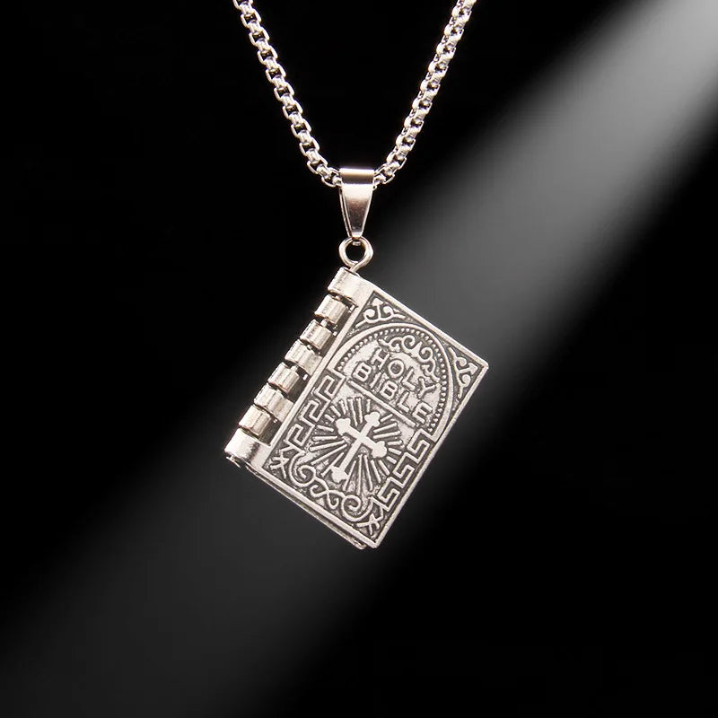 Gothic Style Religious Bible Necklace Alloy Steel Vintage Flipped Bible
