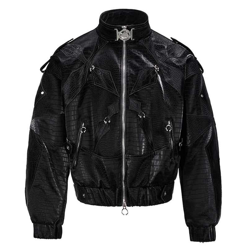 Cyberpunk Crocodile Print Pu Leather Jacket Y2K Streetwear Clothes