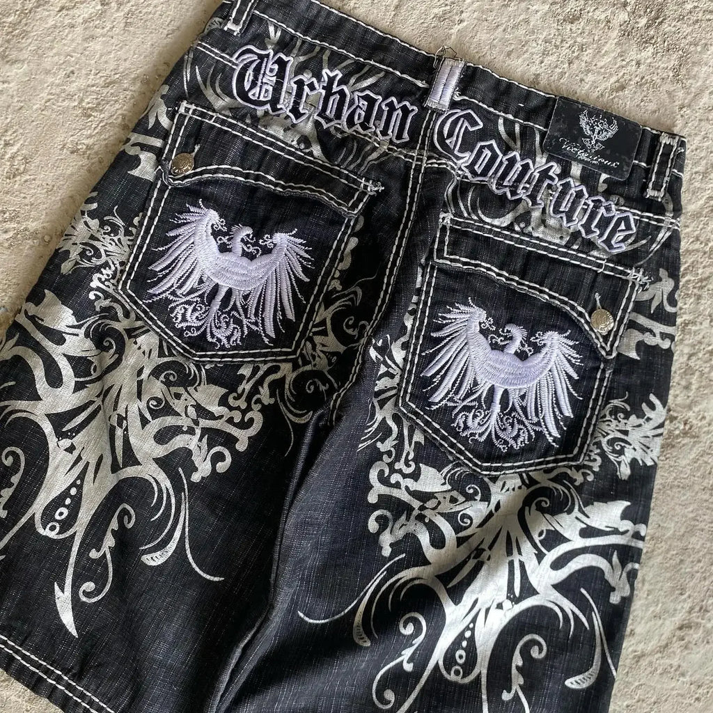 Y2K Grunge Cyber Gothic Embroidered Denim Shorts