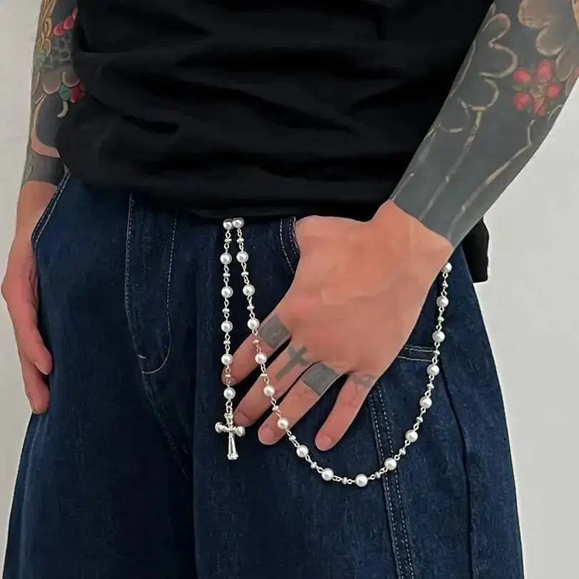 Ingemark Creative Cross Pendant Imitation Pearl Keychain Wallet Belt Chain