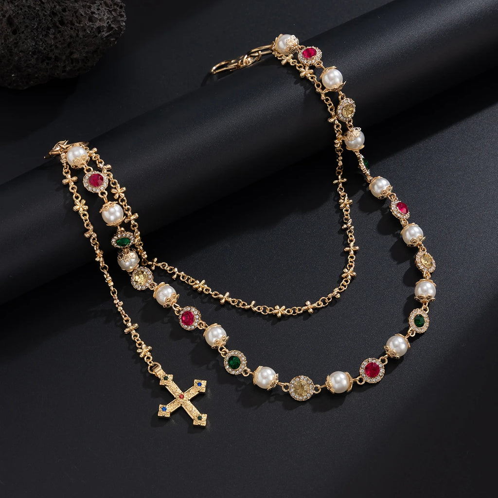 Salircon New Exquisite Luxury Cross Pendant Imitation Pearl Keychain Belt Chain