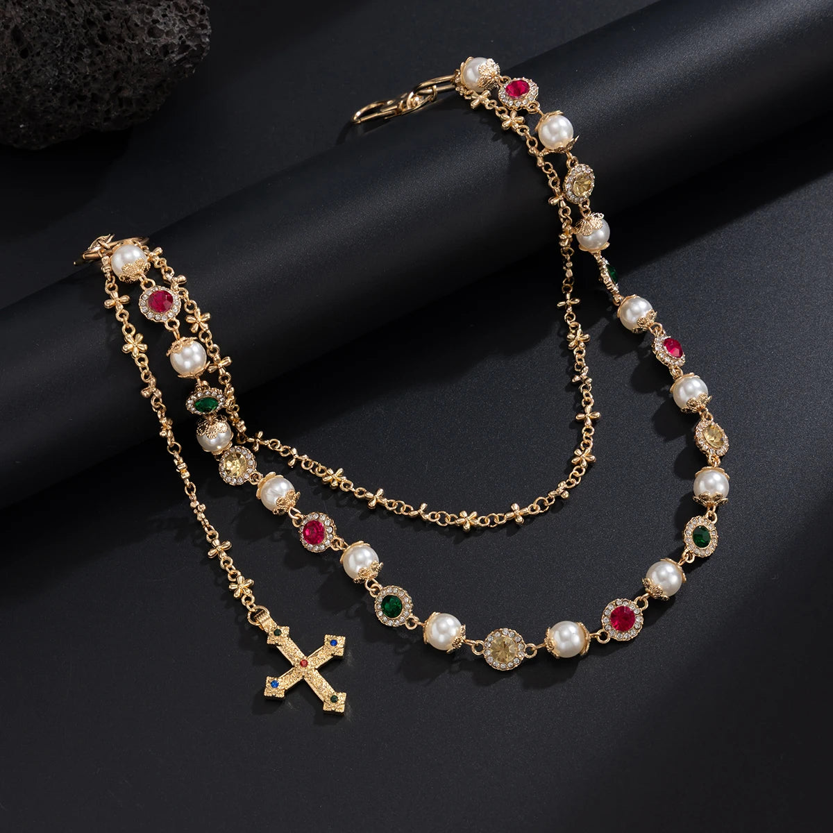 Salircon New Exquisite Luxury Cross Pendant Imitation Pearl Keychain Belt Chain