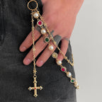 Salircon New Exquisite Luxury Cross Pendant Imitation Pearl Keychain Belt Chain