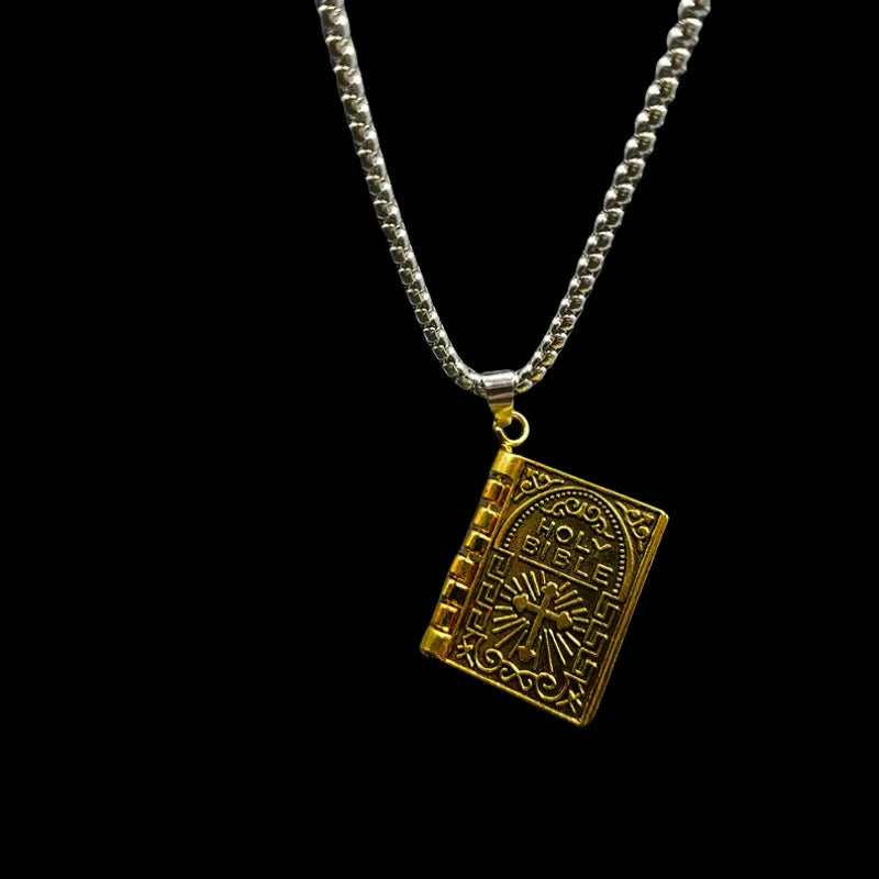 Gothic Style Religious Bible Necklace Alloy Steel Vintage Flipped Bible