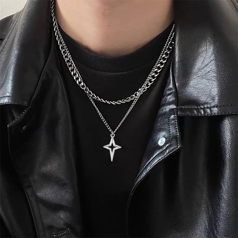 Hip Hop Double Layered Cuban Star Pendant Necklace Titanium Steel