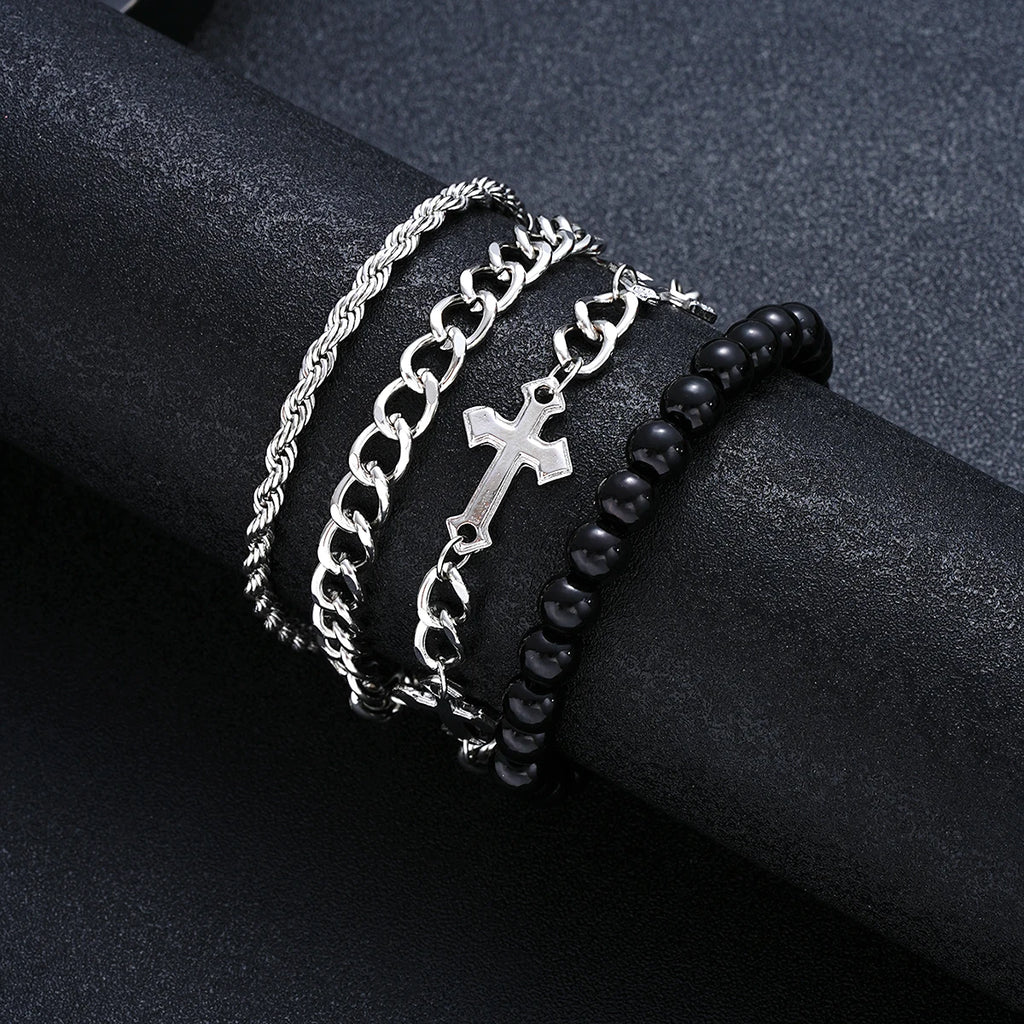 4 Pieces Stainless Steel Bracelet Set Punk Cross Beads Chain Bracelets