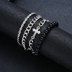 4 Pieces Stainless Steel Bracelet Set Punk Cross Beads Chain Bracelets