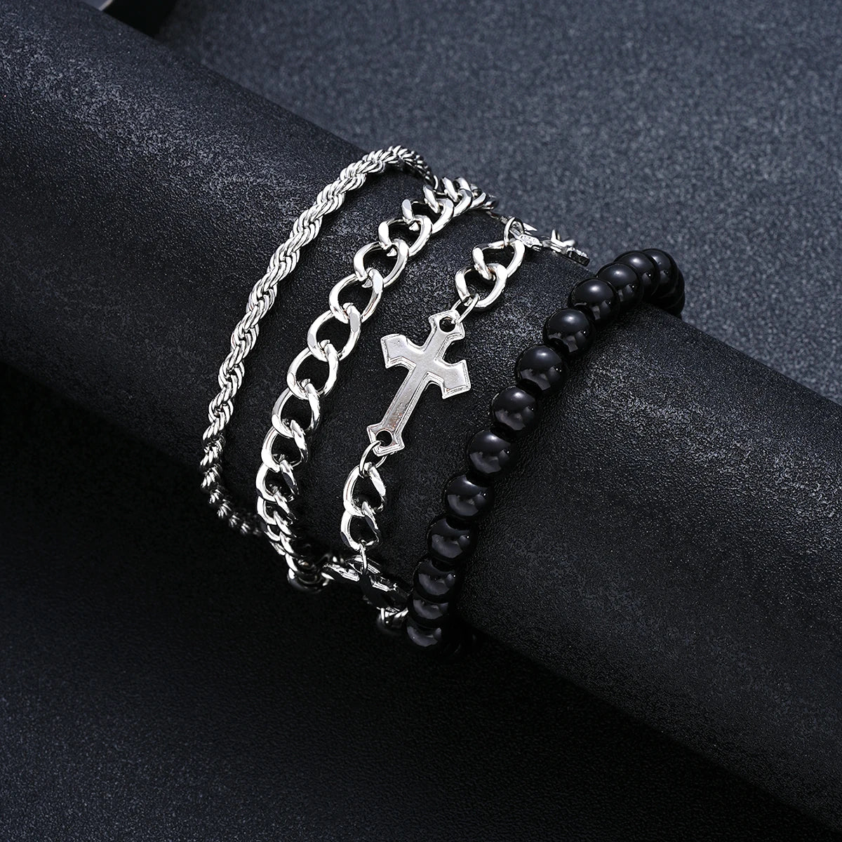 4 Pieces Stainless Steel Bracelet Set Punk Cross Beads Chain Bracelets