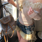 Y2K Winter New Women's Retro Design Fluffy Splicing Jeans Shorts