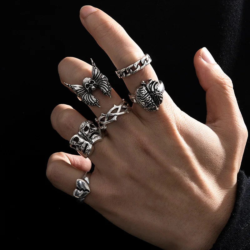 Punk Poker Joker Silver Color Rings for Men & Women Goth Skeleton Billiards Set