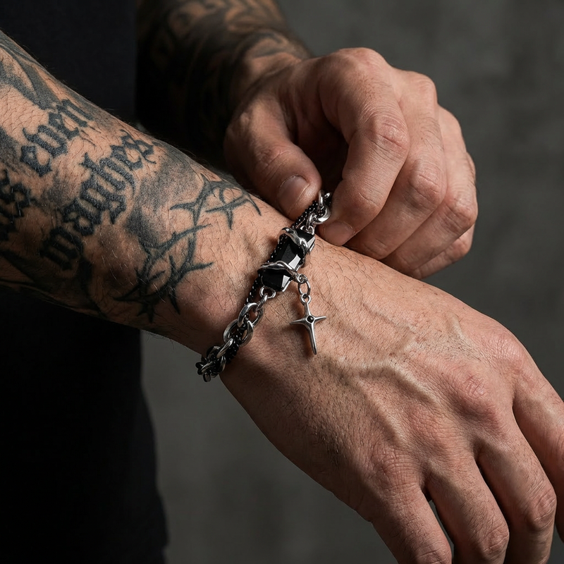 Retro Black Zircon Star Chain Stainless Steel Punk Bracelets Accessories