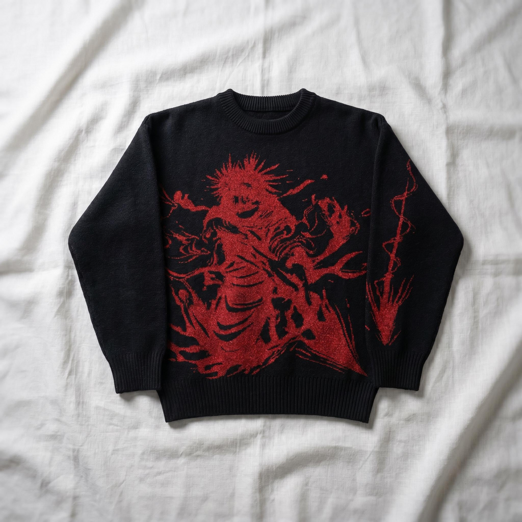Y2K Streetwear Gothic Grunge Black and Red Graphic Knit Sweater