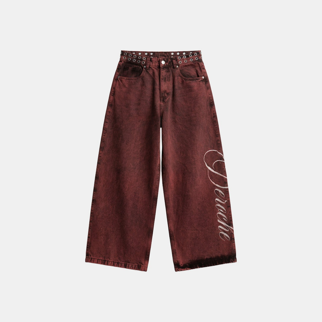 Y2K Vintage Letter Print Rivet Waist Belt Design Red High Waist Wide Leg Jeans