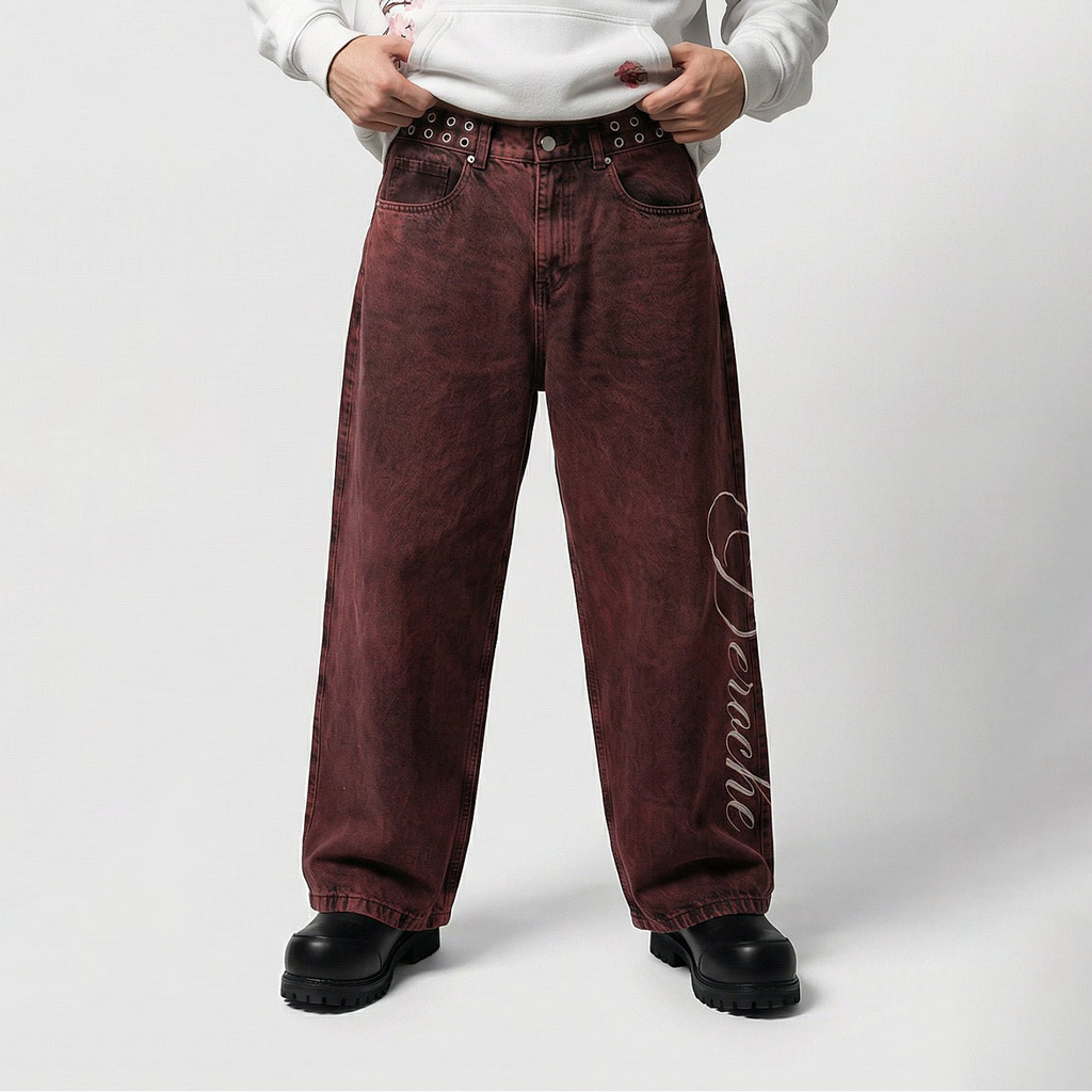 Y2K Vintage Letter Print Rivet Waist Belt Design Red High Waist Wide Leg Jeans